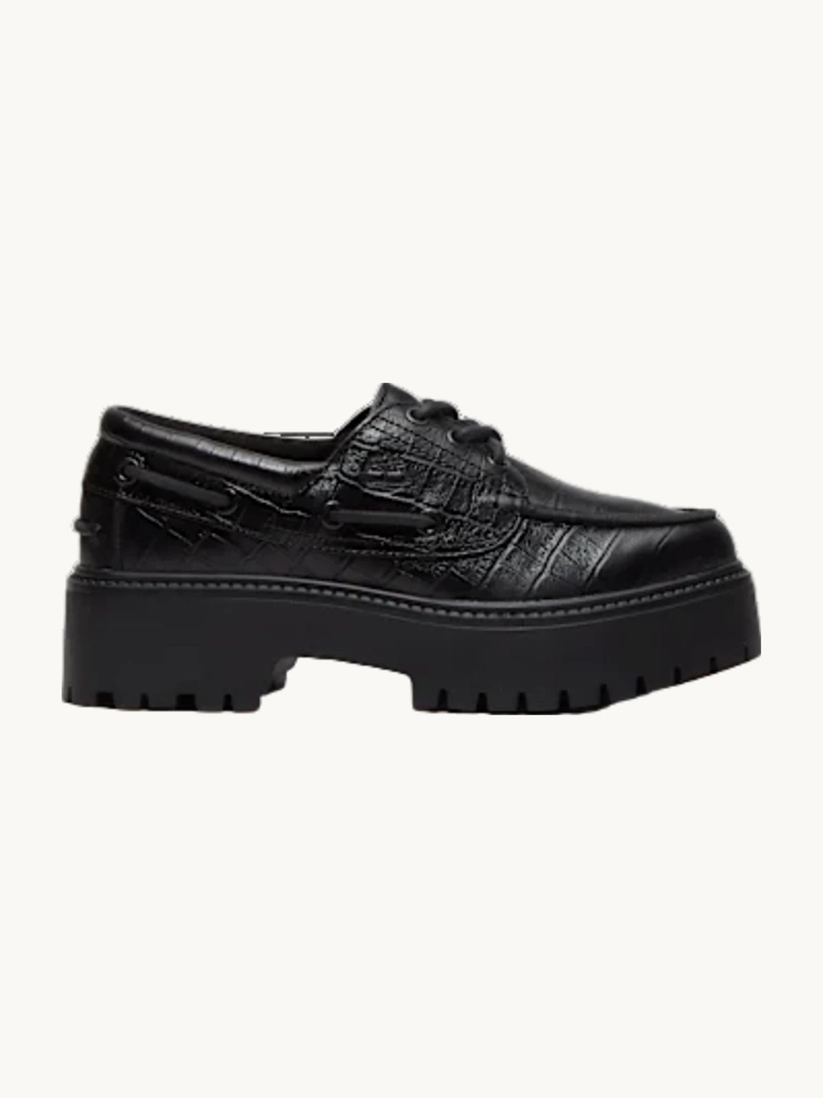 Chaussures bateau Stone Street noir cuir plein feuillet